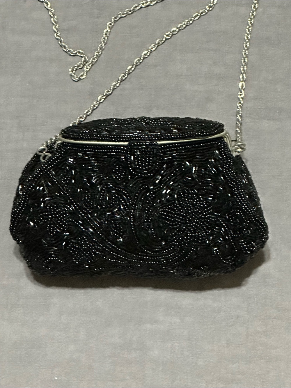 La Regale Black Beaded Evening Bag with Silver Chain